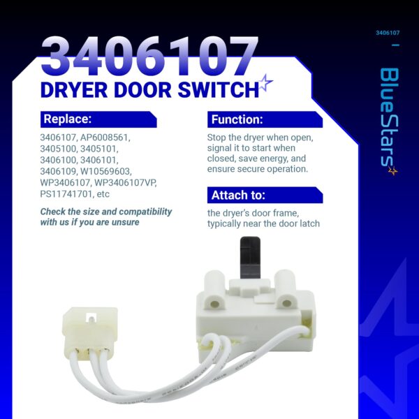BlueStars WP3406107 3406107 Dryer Door Switch For Whirlpool Maytag Kenmore - Image 5