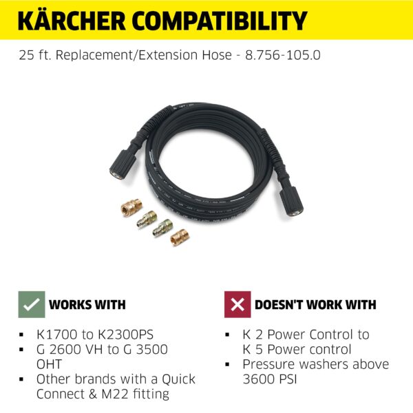Kärcher 25' High Pressure Extension Hose for Pressure Washers up to 3600 PSI - with Adapters Included - Quick Connect or M22 Fitting