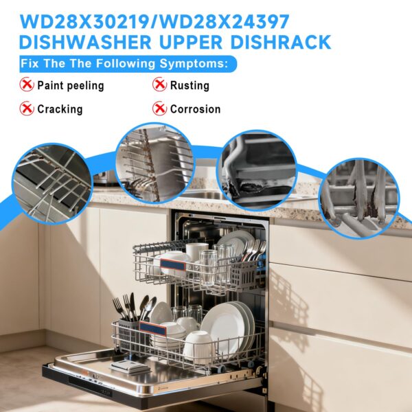 WD28X30219 WD28X35779 Upper Dishrack for Ge Dishwasher Rack Replacement WD28X24397 WD28X26098 Dishwasher Top Rack Replacement with Roller Wheels,GE GDT535PSM0SS GDT550PYR0FS Dishwasher Upper Rack - Image 7