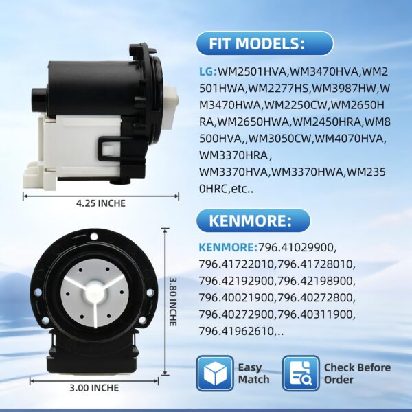 4681EA2001T Washer Drain Pump Motor Replacement for LG & Kenmore, Upgraded High-Flow Front Load Washer Drain Pump, Fits WM2101HW, WM3270CW, WM3670HWA – Replaces AP5328388, 4681EA1007G, 4681EA1007D - Image 4