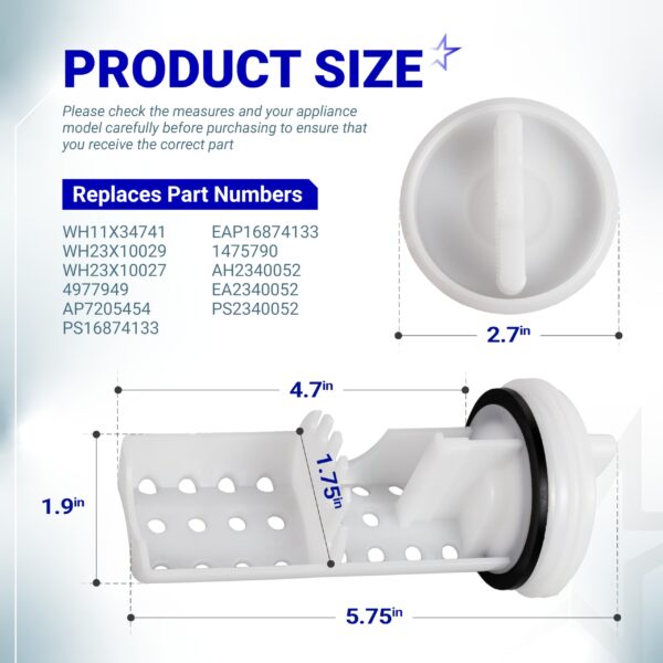 WH11X34741 Washer Drain Pump Filter for GE by BlueStars - Replaces WH23X10029 WH23X10027 AP7205454 4977949 PS16874133 EAP16874133 - Washing Machine Water Filter Replacement - Image 6