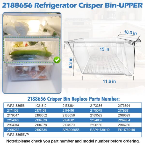 UPGRADED 2188656 Upper Refrigerator Crisper Bin & 2188664 Lower Fridge Drawer Replacement Compatible with Kenmore Whirlpool Refrigerator Crisper Drawers Parts WRS325FDAM04 Fridge Bins,2 PACK - Image 4