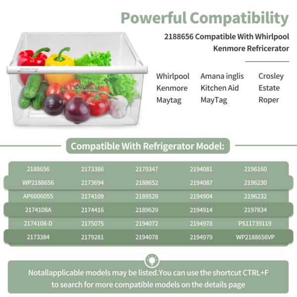 2188656 Fridge Crisper Drawer (Upper),2188656 Crisper Bin, compatible with Whirlpool Refrigerator,Fridge Drawers,Kenmore Refrigerator Parts,Whirlpool Shelf Replacement- WP2188656 - Image 4