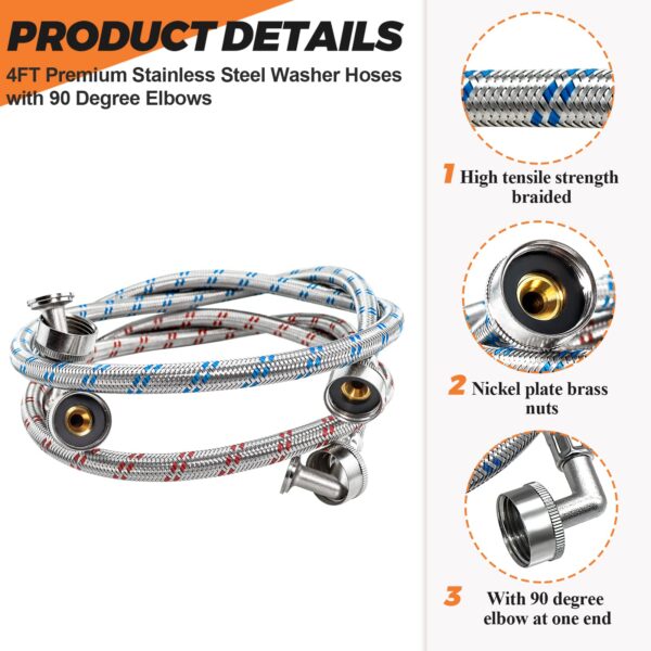 【UPGRADED】4FT Stainless Steel Washer Hoses with 90 Degree Elbows by Beaquicy - 2 Pack No-Lead Burst Proof Hot & Cold Water Connection Inlet Washer Supply Lines - Image 3