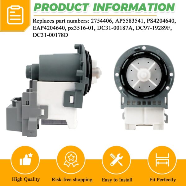 New DC31-00054D PX3516-01 DC31-00187A Washer Drain Pump Motor by Techecook - Replacement for Samsung Washing Machine - Replaces px3516-01 DC31-00178D DC97-20621A 2754406 AP5583541 PS4204640 EAP4204640 - Image 3