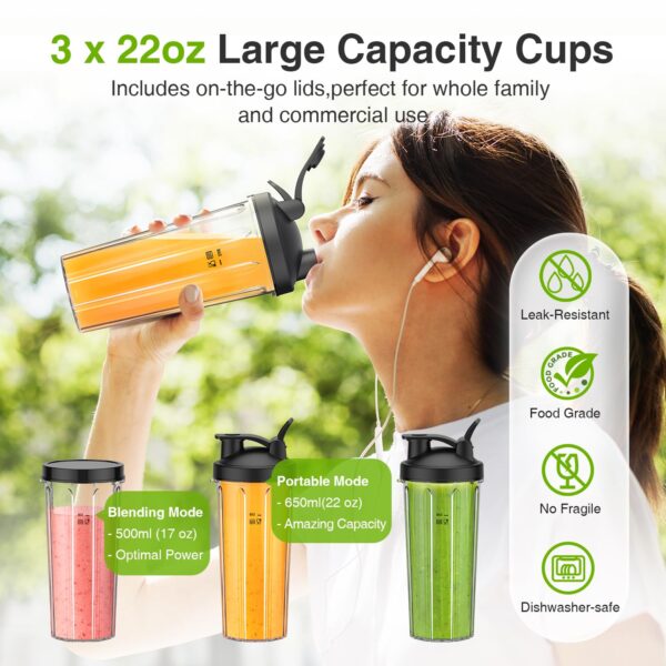 KOIOS BL319B 22OZ Blender Cup Replacement with Black To-go Lid - Image 2