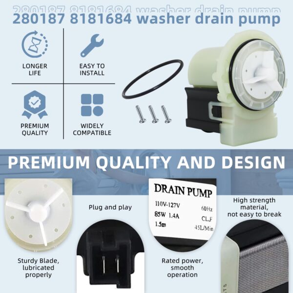 280187 8181684 Washer Drain Pump Motor Fit for Whirl-pool May.tag - Image 2