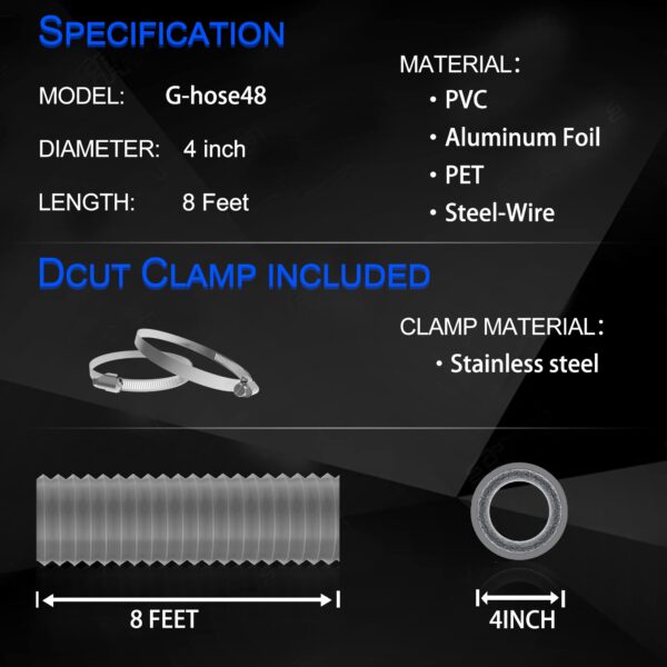 TEAIERXY 4 Inch 8FT Dryer Vent Hose,Flexible Insulated Air Ducting,Vent Hose PVC Aluminum Foil with 2 Clamps for HVAC Ventilation(Grey) - Image 5