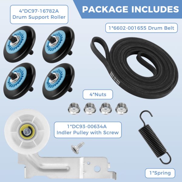 Sikawai DC97-16782A Dryer Parts Fit for Samsung Dryer Roller Replacement kit DV45H7000EW/A2 DV42H5000EW/A3 Includes DC97-16782A Dryer Roller 6602-001655 Dryer Belt DC93-00634A Idler Pulley - Image 3
