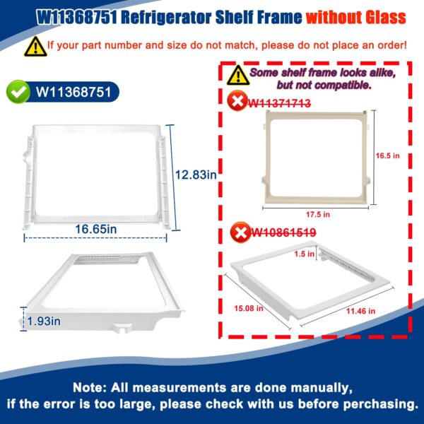 W11368751, W10905531 Refrigerator Shelf Frame(no glass) Compatible with whirlpool, kenmore, amana, maytag and ikea (some models), Crisper Drawer Cover Frame Replacement: W10904001, AP6888387, 4929301 - Image 3