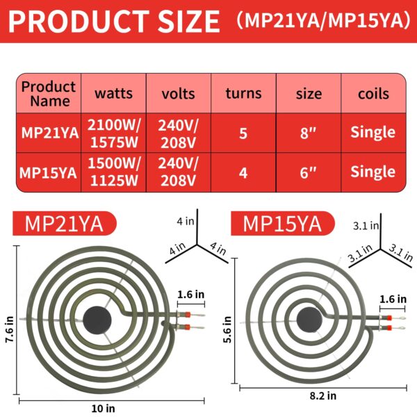 MP22YA Electric Range Burner Element Unit Set 2 pcs MP15YA 6" & MP21YA 8" - Image 7