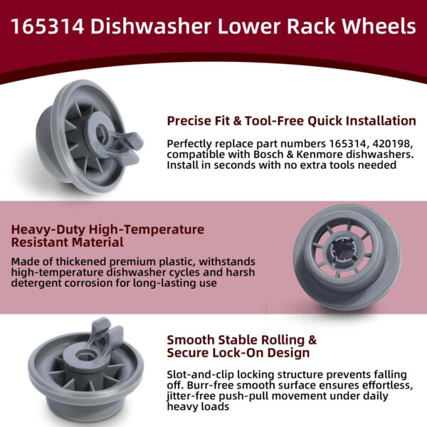 Dishwasher Lower Rack Wheel, 4 Pack 165314 Dishwasher Wheels, Dish Rack Wheels Fit for Bosch Kenmore Dishwasher, Replace Part Number 420198 AP2802428 PS3439123 - Image 2