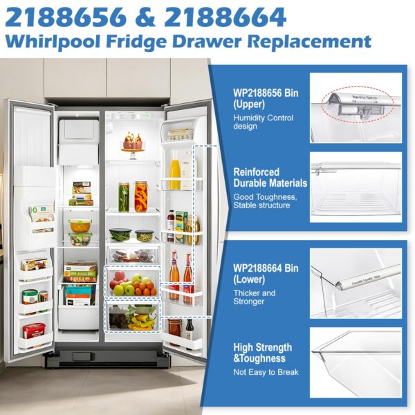UPGRADED 2188656 Upper Refrigerator Crisper Bin & 2188664 Lower Fridge Drawer Replacement Compatible with Kenmore Whirlpool Refrigerator Crisper Drawers Parts WRS325FDAM04 Fridge Bins,2 PACK - Image 8