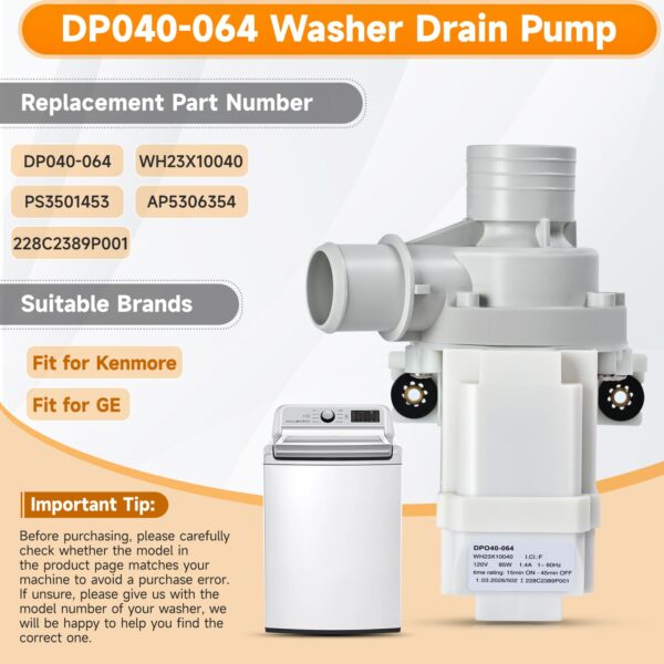 WH23X10040 DP040-064 Drain Pump Compatible with GE GUD27ESSM1WW Washer Pump - Image 4