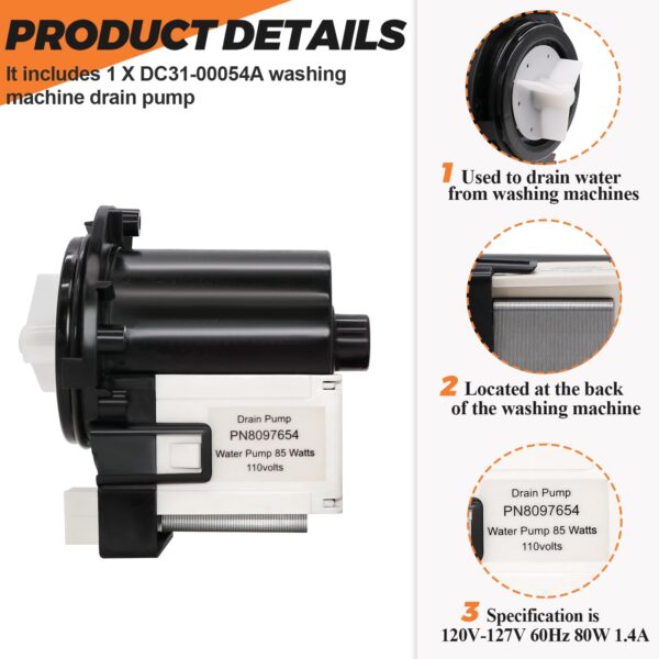 【2026 UPGRADED】DC31-00054A Washer Drain Pump Water Motor Assembly (85 Watts 110 Volts) by Beaquicy - Replacement for Ken-more Sam-sung Washing machine - Replaces DC31-00016A AP4202690 62902090 - Image 3