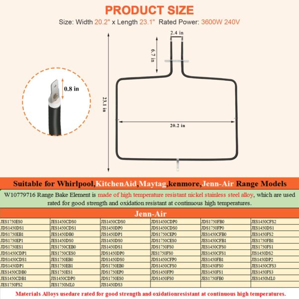 Beaquicy W10779716 Oven Bake Element - Replacement for Whirlpool Kitchen-Aid Maytag Range wfe540h0es0, mer8680bb0, mer8600dh0, wfe540h0ew1, etc. - Image 4