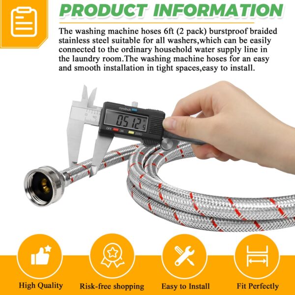 6Ft Stainless Steel Washing Machine Hoses Burst Proof Hot and Cold Water Supply Hoses Universal for All Washers by Techecook - 2Pack Premium Water Supply Lines - 10 Years Warranty - Image 5