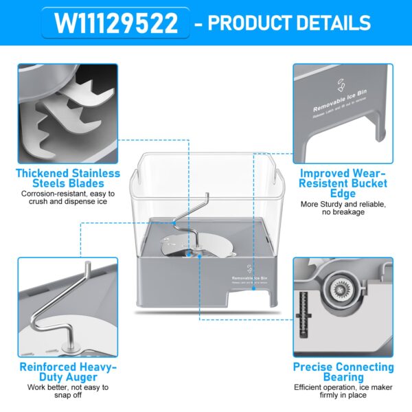 Upgraded W11129522 Refrigerator Ice Bucket Compatible with KitchenAid Ice Maker Replacement W10564750 Whirlpool Removable Ice Bin KRFF707ESS01 KRMF706ESS01 Kitchenaid Ice Bucket Ice Container Ice Tray - Image 7