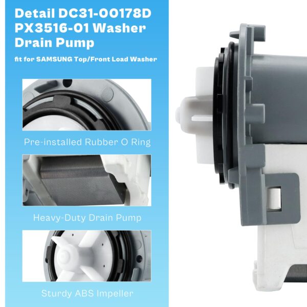 DC97-20621A Washer Drain Pump Motor fit for Samsung OEM Vrt Washer Drain Pump DC31-00178A PX3516-01 DC3100187A DC97-19289F DC97-19280F DC31-00178D B35-3A B40-3 WF42H5000AW by prime&swift - Image 2