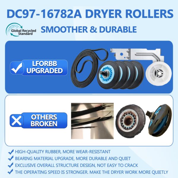【Upgraded】Dryer Roller Replacement Part for Samsung DV42H5000EWA3 DV45H7000EWA2 DV48H7400EWA2 DV42H5200EPA3 DV40J3000EWA2, DC97-16782A Dryer Roller DC93-00634A Idler Pulley 6602-001655 Dryer Belt Kit - Image 4