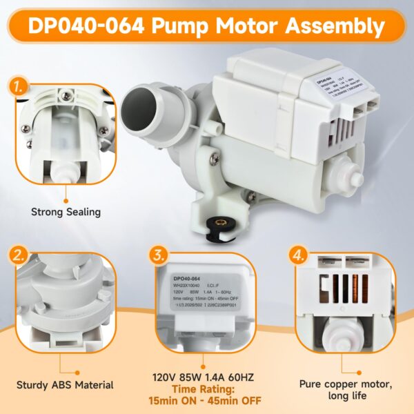 WH23X10040 DP040-064 Drain Pump Compatible with GE GUD27ESSM1WW Washer Pump - Image 3
