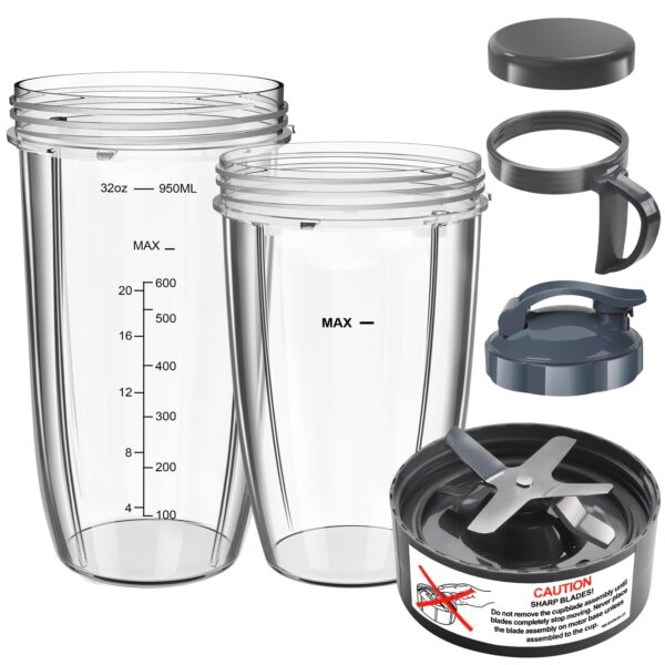 Nutribullet Blender Cups & Blade Replacement Set, 32oz & 24oz Nutribullet Cup with LidTo-Go Lid and Lip Ring, Replacement Parts for Nutri Bullet Blenders 600w & Pro 900w Accessories 6 PCS - Image 2