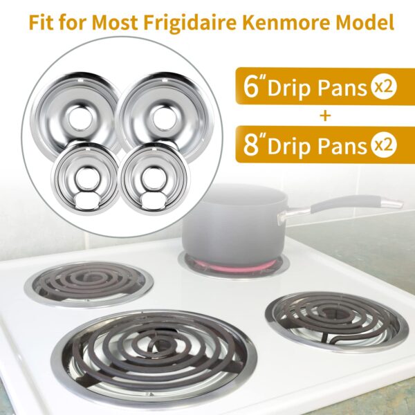 4 Pack Chrome Drip Pans, Compatible with Whirpool Kenmore Frigirate Stove Top Drip Bowls. Include 2 Pcs 6'' Range Replacement Drip Pans and 2 Pcs 8 '' Cooktop Drip Pans - Image 2