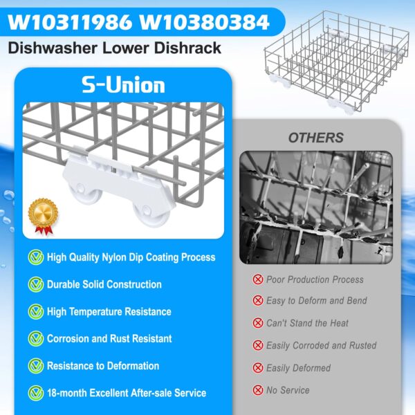 UPGRADED W10311986 W10380384 Dishwasher Lower Rack Assembly for Whirlpool Kenmore Dishwasher Rack Replacement Parts,W10311986 W11158802 Whirlpool Dishwasher Bottom Rack with Wheel Dishrack - Image 7