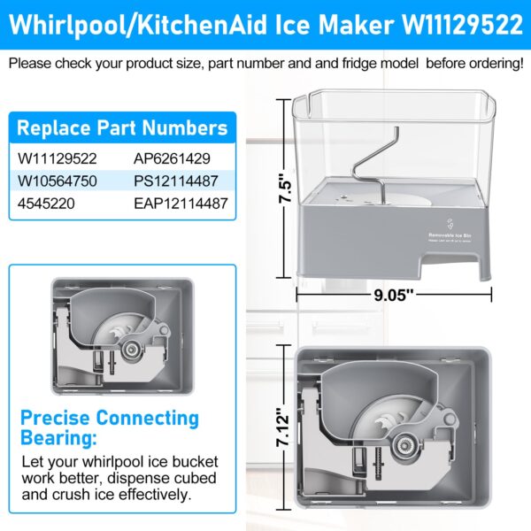 Upgraded W11129522 Refrigerator Ice Bucket Compatible with KitchenAid Ice Maker Replacement W10564750 Whirlpool Removable Ice Bin KRFF707ESS01 KRMF706ESS01 Kitchenaid Ice Bucket Ice Container Ice Tray - Image 3