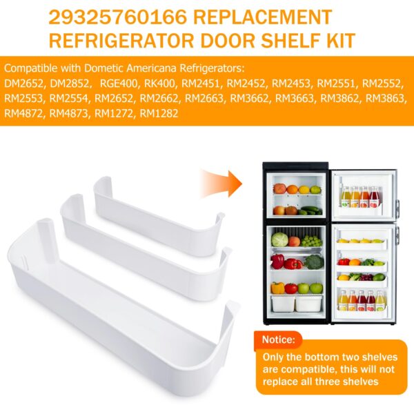Genukraft 29325760166 RV Fridge Door Shelf Replacement Kit, Fit for Dometic DM2652 DM2852 RM Series Fridges 3 Pack White Freezer Upper Bottom Door Bin Snap-In Food Grade Replacement - Image 2