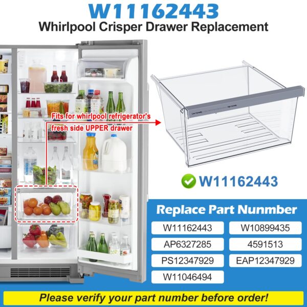 UPGRADED W11162443 Refrigerator Crisper Drawer For Whirlpool Crisper Drawer W10899435 WRS315SDHM WRS325SDHZ Vegetable Drawer For Whirlpool Fridge Drawer Replacement WRS315SDHZ02 WRS315SDHZ05 - Image 8