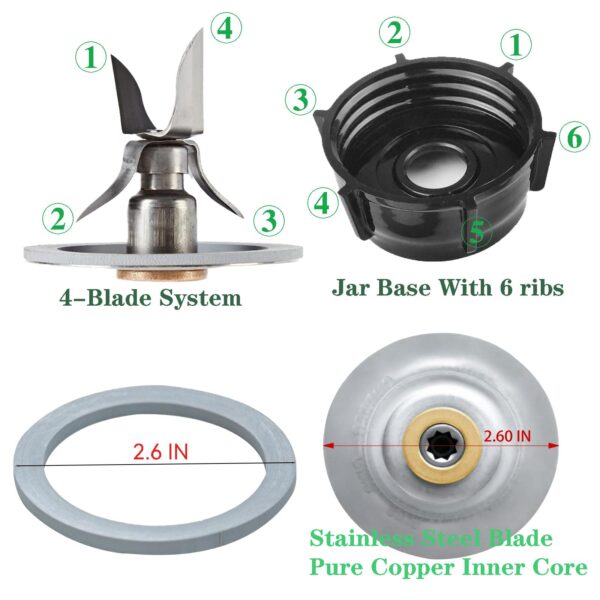For Oster Blender Replacement Parts Blender Ice Blade with Jar Base Cap and Two Rubber O Ring Seal Gasket Accessory Refresh Kit，Compatible with Oster Blender