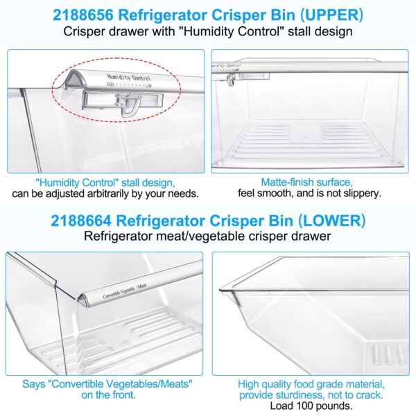 [2 Pack] Upgraded 2188656 Fridge Crisper Drawer Humidity Control Drawer UPPER & 2188664 Crisper Bin LOWER for Whirlpool Fridge Crisper Drawer,Kenmore Whirlpool Refrigerator Drawer Replacement Parts - Image 3