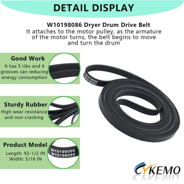 𝟐𝟎𝟐𝟔 𝐍𝐄𝐖 W10198086 Dryer Drum Drive Belt Compatible with Maytag Whirlpool Dryer - Replaces Part for WPW10198086, 1481904, AP4369191, AH2348726, EA2348726, PS2348726 - Image 3