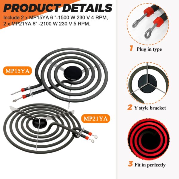 【2026 UPGRADED】 MP22YA Electric Range Burner Element Unit Set - Replacement for Ken-more Whirlpool May-tag Hardwick Norge Ranges/Stoves - Include 2 pcs MP15YA 6" and 2 pcs MP21YA 8" by Beaquicy - Image 3