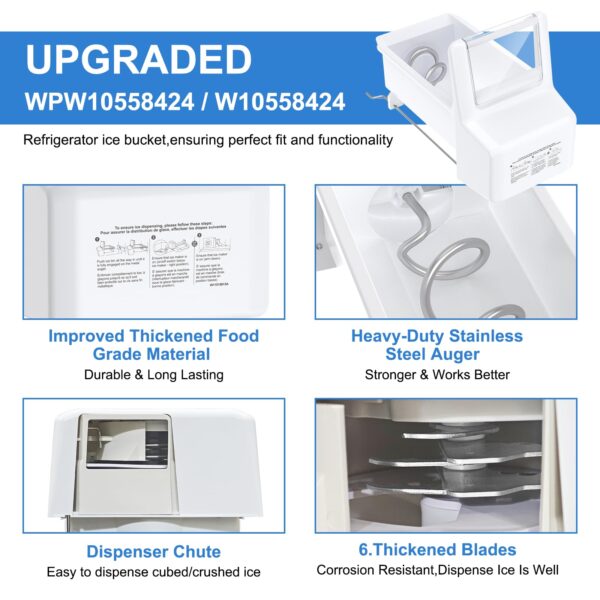 Upgraded WPW10558424 Refrigerator Ice Bucket Compatible with Whirlpool Ice Bin Replacement W10558424 Whirlpool Ice Bucket Parts WRS321SDHZ01 WRS321SDHZ05 WRS321SDHZ08 Ice Maker Tray Ice Container - Image 3