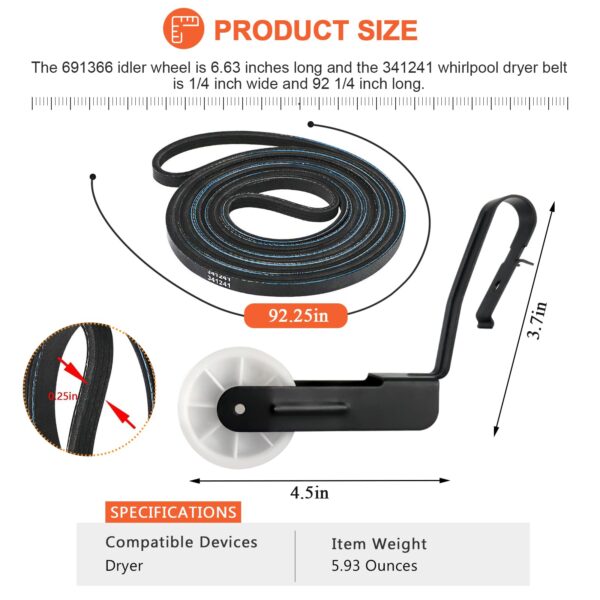 341241 691366 Dryer Drum Belt & Pulley Kit by Beaquicy - Replacement for Whirl-Pool Ken-More Dryer - Replaces PS346995 AP2946843 EAP346995 W10131364 - Image 3