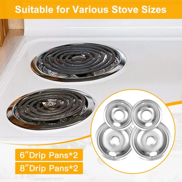 Drip Pan Burner Stove Top Chrome Drip Pan, Stove Drip Pans Replacement Compatible for Most Plug-in Electric Ranges Whirlpool Frigidaire Kenmore include 2 * 6in and 2 * 8in - Image 5
