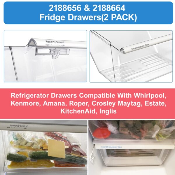 [2 Pack] Upgraded 2188656 Fridge Crisper Drawer UPPER Humidity Control Drawer & 2188664 Crisper Bin LOWER Refrigerator Drawer Replacement For Kenmore Whirlpool Fridge Drawer Parts WRS325FDAM04 Drawer - Image 3