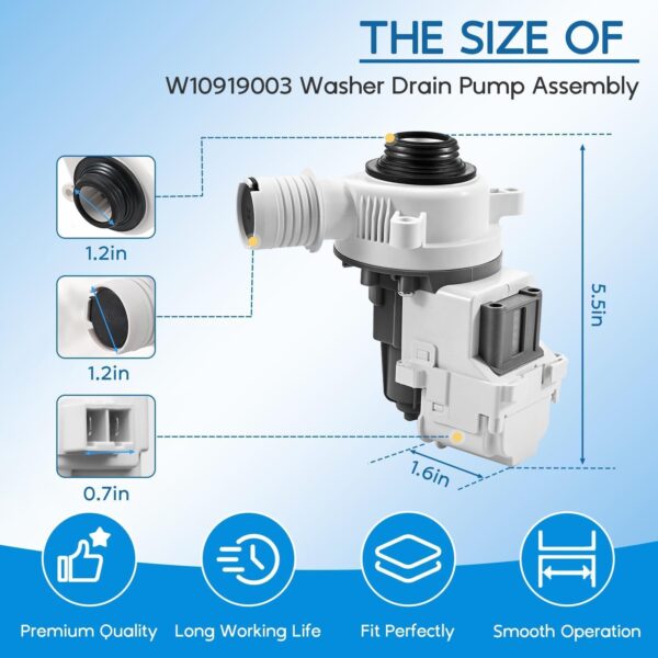 Upgraded W10919003 W10775446 Washer Drain Pump Assembly for Whirlpool Maytag Kenmore Amana Washing, Replaces WTW4816FW3 NTW4519JW2 NTW4516FW3 AP6038235 EAP11770076 PD00042517 Washer Drain Pump - Image 3