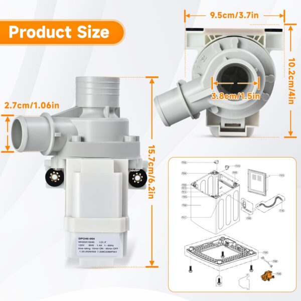 WH23X10040 DP040-064 Drain Pump Compatible with GE GUD27ESSM1WW Washer Pump - Image 2