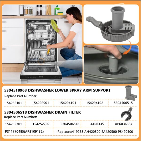 5304518968 Dishwasher Lower Spray Arm Support and 5304506518 Dishwasher Sewer Filter/Trap Drain Filter Replacement for Frigidaire Dishwashers Spray Arm Assembly Replaces 154252101,154292901,154294101 - Image 7