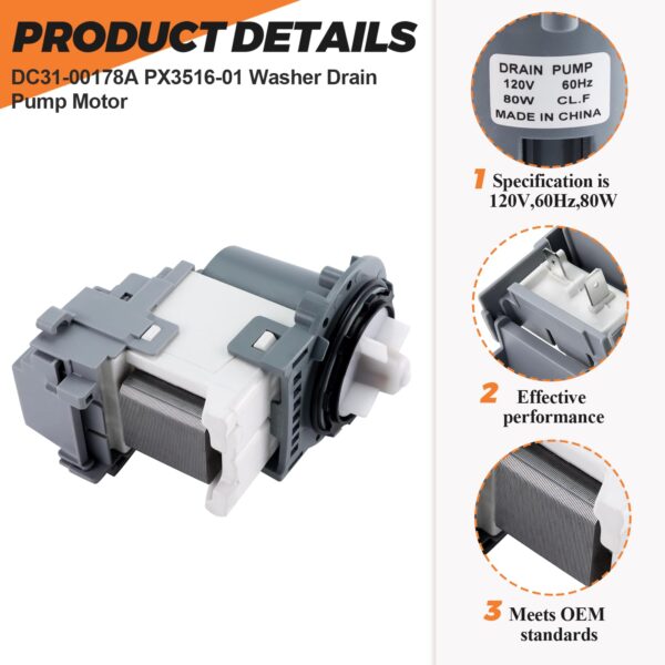 OEM DC31-00178A PX3516-01 Washer Drain Pump Upgrade Fit for SAMSUNG Washer, Replaces DC31-00187A DC97-19289F DC31-00178D B35-3a DC97-20621A PX3516-01, 5 YEARS WARRANTY by Beaquicy - Image 6
