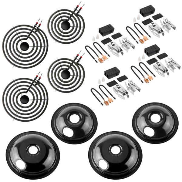 2026 MP22YA Electric Range Burner Element Unit Set with 330031 Range Burner Receptacle Kit & 5304430149 5304430150 Porcelain Drip Pan Set for Frigidaire Whirlpool Kenmore Maytag Range Oven