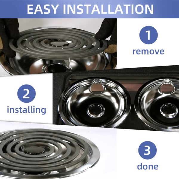 W10196406 and W10196405 Chrome Stove Burner Drip Pan Set for Whirlpool Amana Maytag Magic-Chef Kenmore Electric Range with Locking Slot, Includes 2 6-Inch and 2 8-Inch Drip Bowls - Image 7