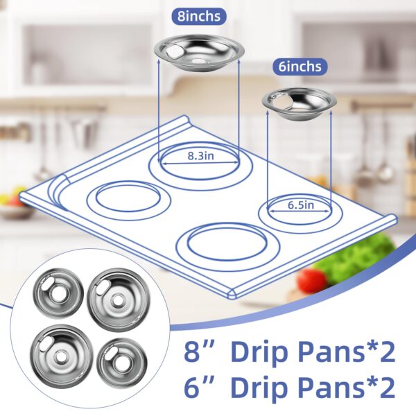 W10196406 and W10196405 Chrome Stove Burner Drip Pan Set for Whirlpool Amana Maytag Magic-Chef Kenmore Electric Range with Locking Slot, Includes 2 6-Inch and 2 8-Inch Drip Bowls - Image 6