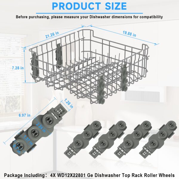 WD28X30219 WD28X35779 Upper Dishrack for Ge Dishwasher Rack Replacement WD28X24397 WD28X26098 Dishwasher Top Rack Replacement with Roller Wheels,GE GDT535PSM0SS GDT550PYR0FS Dishwasher Upper Rack - Image 4