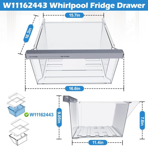 UPGRADED W11162443 Refrigerator Crisper Drawer For Whirlpool Crisper Drawer W10899435 WRS315SDHM WRS325SDHZ Vegetable Drawer For Whirlpool Fridge Drawer Replacement WRS315SDHZ02 WRS315SDHZ05 - Image 6