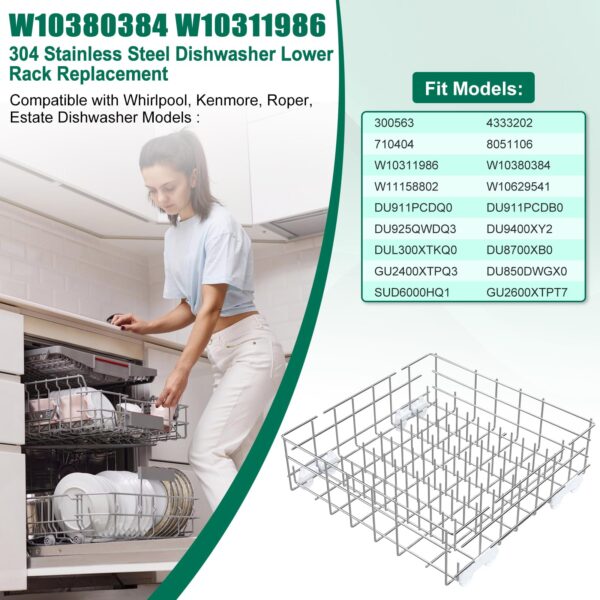 Upgraded 304 Stainless Steel W10311986 W10380384 Dishwasher Lower Rack Replacement for Whirlpool Dishwasher Bottom Rack 300563, DU911PCDQO with WP3376961 Wheels - Image 4
