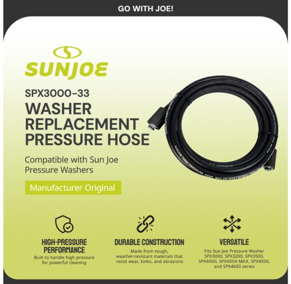 Sun Joe SPX3000-33 Replacement Pressure Washer Hose for SPX3000 Series, SPX3200, SPX3500, SPX4000 Series, SPX4004-MAX, SPX4500, and SPX4600 Series, Manufacturer Original